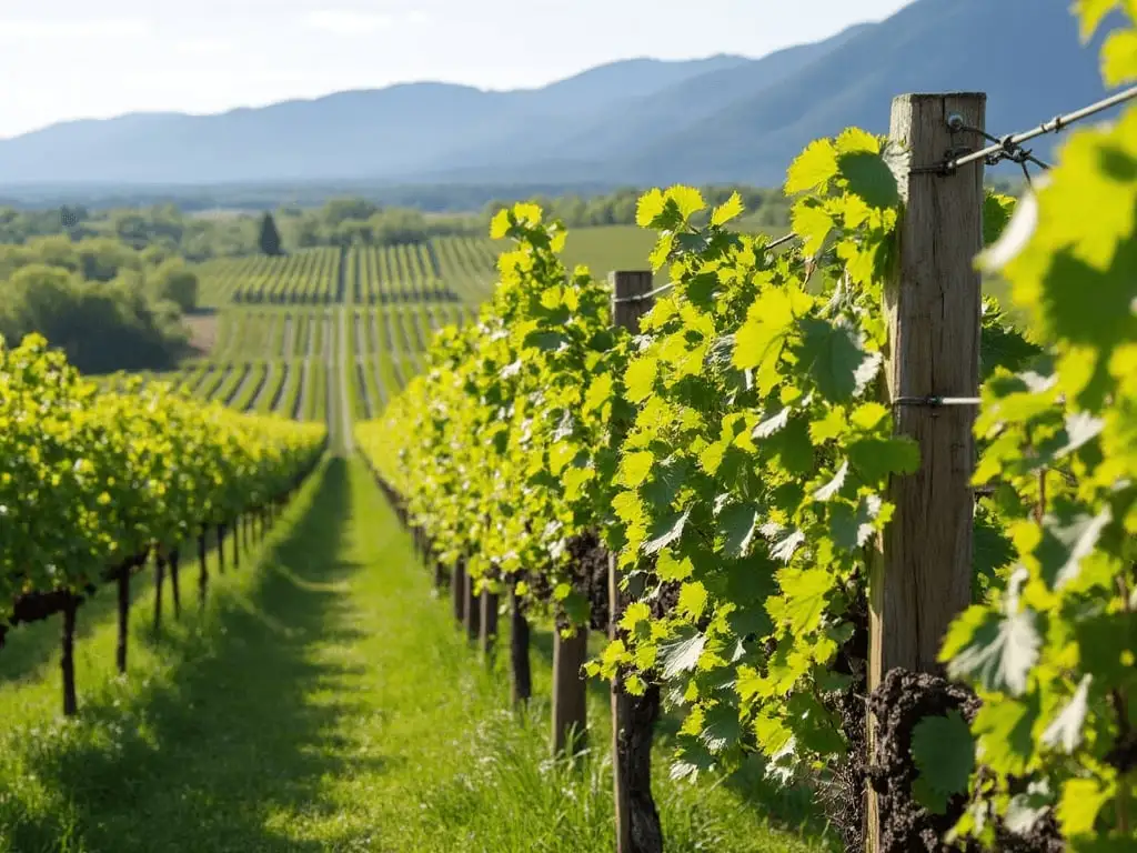 Weinberg mit langen Rebzeilen vor einer Hügelkette